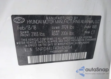 2018 Hyundai Elantra Value Edition z USA, uszkodzony, nr VIN 5NPD84LF4JH324154